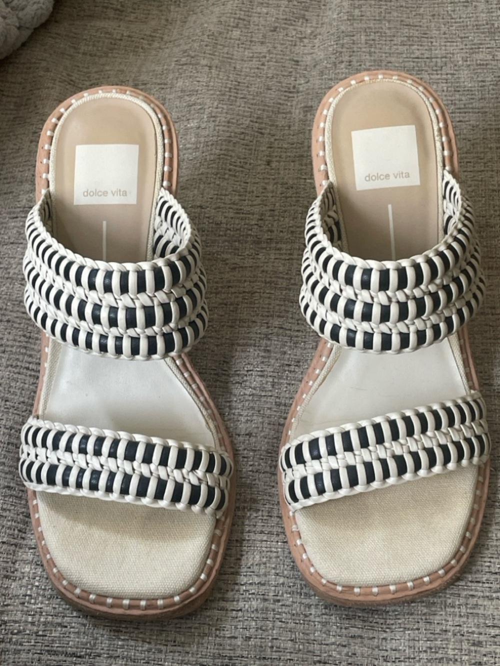 Dolce Vita Black and White Woven Double-Strap Slide Sandals